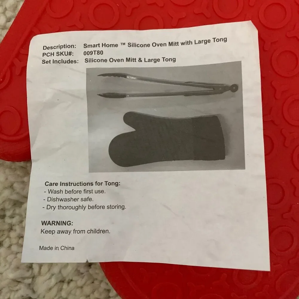 Smart Home Silicone Oven Mitt With Large Tong Set RED New